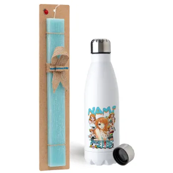 Nami One Piece, Easter Set, metallic stainless steel water bottle (750ml) & aromatic flat Easter candle (30cm) (TURQUOISE)