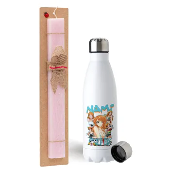 Nami One Piece, Easter Set, metallic stainless steel water bottle (750ml) & scented flat Easter candle (30cm) (PINK)