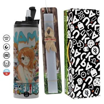 Nami One Piece, Πασχαλινή Λαμπάδα με Travel Tumbler θερμό (600ml, BPA free) & κερί αρωματικό πλακέ (30cm) (ΓΚΡΙ)