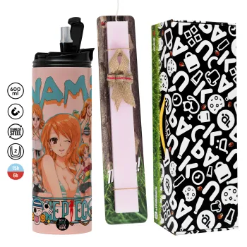 Nami One Piece, Πασχαλινή Λαμπάδα με  ΡΟΖ Travel Tumbler θερμό (600ml, BPA free) & κερί αρωματικό πλακέ (30cm) (ΡΟΖ)