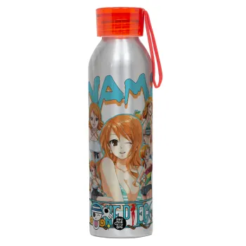 Nami One Piece, Αλουμινένιο Αθλητικό Μπουκάλι 650ml – Ασημί με Κόκκινο Καπάκι και Λουράκι Σιλικόνης