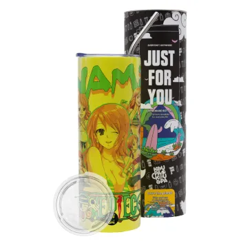 Nami One Piece, Neon Yellow Travel Tumbler θερμό, μεταλλικό καλαμάκι(Ανωξείδωτο 304 Food grade, BPA free, 600ml)