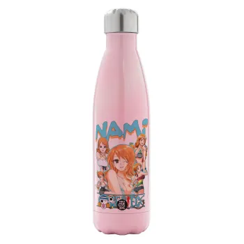 Nami One Piece, Μεταλλικό παγούρι θερμός Ροζ Ιριδίζον (Stainless steel), διπλού τοιχώματος, 500ml