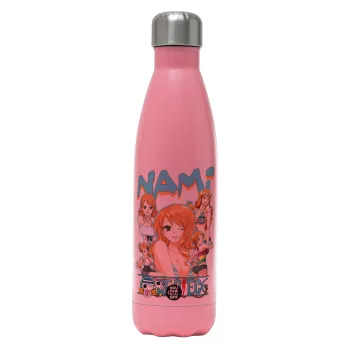 Nami One Piece, Μεταλλικό παγούρι θερμός Ροζ Ματ (Stainless steel), διπλού τοιχώματος, 500ml