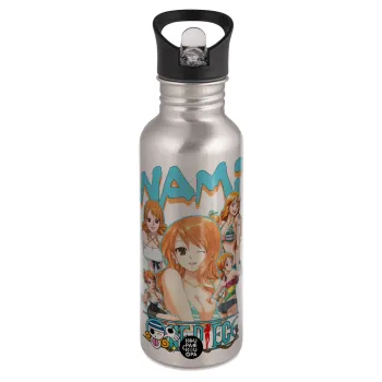 Nami One Piece, Water bottle Silver with straw, stainless steel 600ml