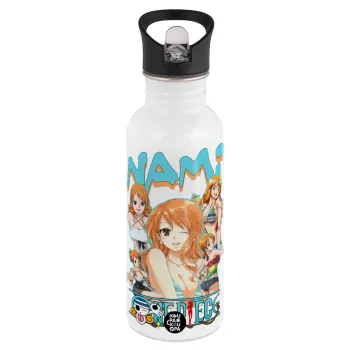Nami One Piece, Παγούρι νερού Λευκό με καλαμάκι, ανοξείδωτο ατσάλι 600ml