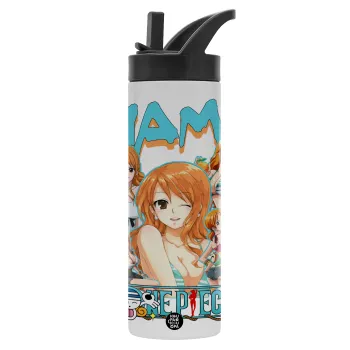 Nami One Piece, Μεταλλικό παγούρι θερμός με καλαμάκι & χειρολαβή, ανοξείδωτο ατσάλι (Stainless steel 304), διπλού τοιχώματος, 600ml