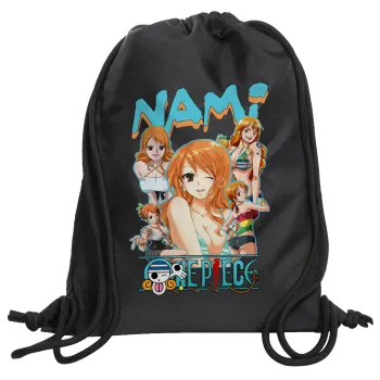 Nami One Piece, Backpack pouch GYMBAG Black, with pocket (40x48cm) & thick cords
