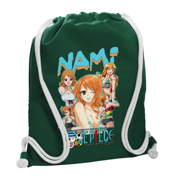 Nami One Piece, Τσάντα πλάτης πουγκί GYMBAG BOTTLE GREEN, με τσέπη (40x48cm) & χονδρά λευκά κορδόνια