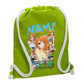 Nami One Piece, Backpack bag GYMBAG LIME GREEN, with pocket (40x48cm) & thick cords