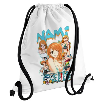 Nami One Piece, Τσάντα πλάτης πουγκί GYMBAG λευκή, με τσέπη (40x48cm) & χονδρά κορδόνια
