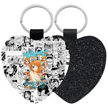 Nami One Piece, Μπρελόκ PU δερμάτινο glitter καρδιά ΜΑΥΡΟ