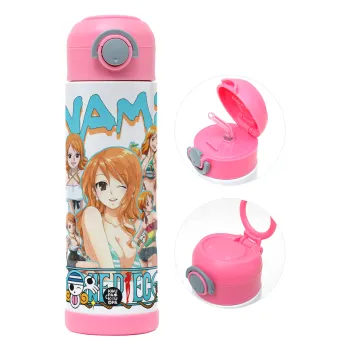 Nami One Piece, Children's hot water bottle, stainless steel, with safety straw, PINK (500ml)