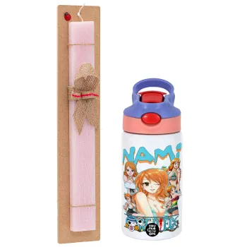 Nami One Piece, Easter Set, Children's thermal stainless steel water bottle with safety straw, pink/purple (350ml) & Easter scented flat candle (30cm) (PINK)