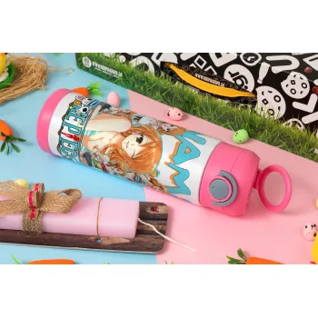 Nami One Piece, Πασχαλινή Λαμπάδα με Παιδικό παγούρι θερμό, ανοξείδωτο, με καλαμάκι ασφαλείας, ΡΟΖ (500ml)