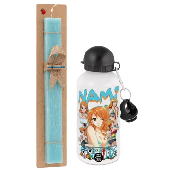 Nami One Piece, Easter Set, metallic aluminum water bottle (500ml) & scented flat candle (30cm) (TURQUOISE)