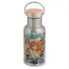 Stainless steel metallic thermos flask, silver with a bamboo lid, double-walled, 350ml.