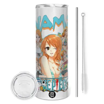 Nami One Piece, Tumbler ποτήρι θερμό από ανοξείδωτο ατσάλι 600ml, με μεταλλικό καλαμάκι & βούρτσα καθαρισμού