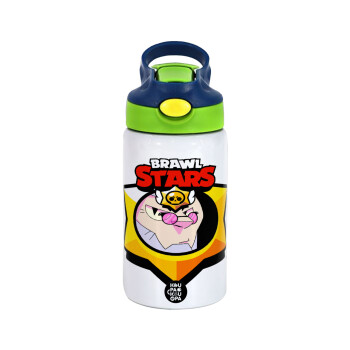 Brawl Stars Byron, Children's hot water bottle, stainless steel, with safety straw, green, blue (350ml)