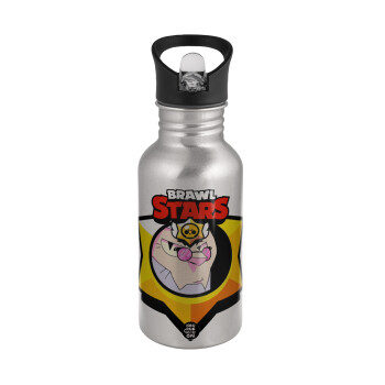 Brawl Stars Byron, Water bottle Silver with straw, stainless steel 500ml