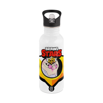 Brawl Stars Byron, White water bottle with straw, stainless steel 600ml