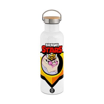 Brawl Stars Byron, Μεταλλικό παγούρι θερμός (Stainless steel) Λευκό με ξύλινο καπάκι (bamboo), διπλού τοιχώματος, 750ml