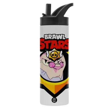 Brawl Stars Byron, Metallic thermos bottle with straw & handle, stainless steel (Stainless steel 304), double-walled, 600ml.