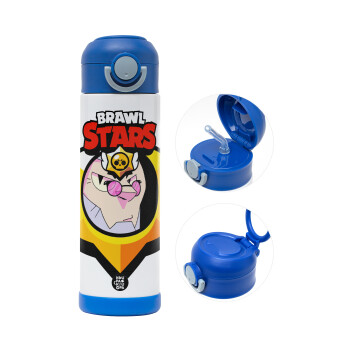 Brawl Stars Byron, Children's hot water bottle, stainless steel, with safety straw, BLUE (500ml)