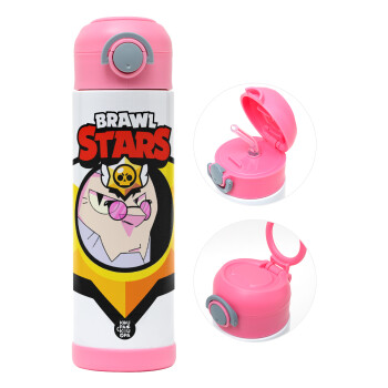 Brawl Stars Byron, Children's hot water bottle, stainless steel, with safety straw, PINK (500ml)