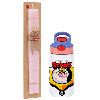 Brawl Stars Byron, Easter Set, Children's thermal stainless steel water bottle with safety straw, pink/purple (350ml) & Easter scented flat candle (30cm) (PINK)