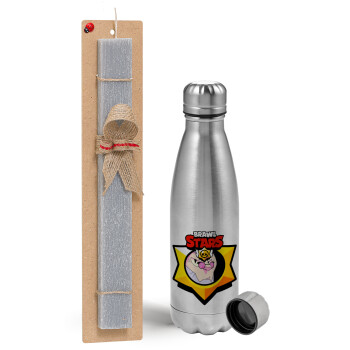 Brawl Stars Byron, Easter Set, metallic Inox water bottle (750ml) & aromatic flat Easter candle (30cm) (GRAY)