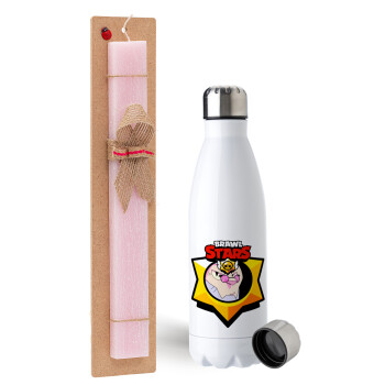 Brawl Stars Byron, Easter Set, metallic stainless steel water bottle (750ml) & scented flat Easter candle (30cm) (PINK)