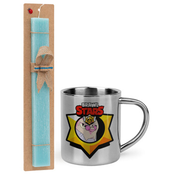 Brawl Stars Byron, Easter Set, metallic thermal cup (300ml) & aromatic flat Easter candle (30cm) (TURQUOISE)