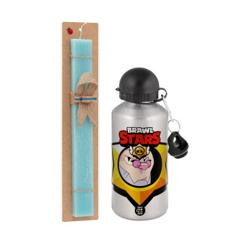 Brawl Stars Byron, Easter Set, metallic silver aluminum water bottle (500ml) & scented flat Easter candle (30cm) (TURQUOISE)