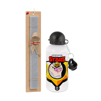 Brawl Stars Byron, Easter Set, metallic aluminum water bottle (500ml) & aromatic flat Easter candle (30cm) (GRAY)