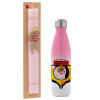 Easter Set, Metallic pink/white (Stainless steel) thermos, double-walled, 500ml & aromatic flat Easter candle (30cm) (PINK)