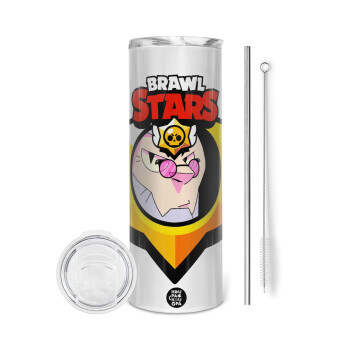 Brawl Stars Byron, Tumbler ποτήρι θερμό από ανοξείδωτο ατσάλι 600ml, με μεταλλικό καλαμάκι & βούρτσα καθαρισμού