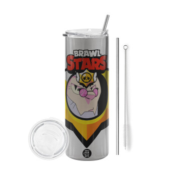 Brawl Stars Byron, Eco friendly stainless steel Silver tumbler 600ml, with metal straw & cleaning brush
