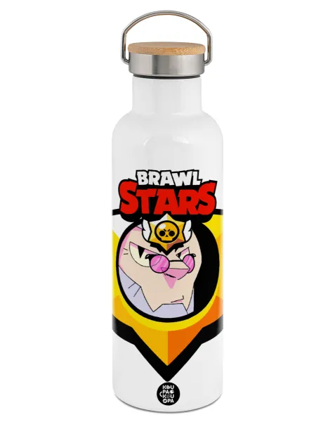 Brawl Stars Byron — Stainless steel White with wooden lid (bamboo), double wall, 750ml