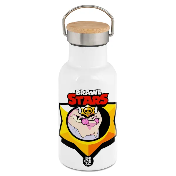 Brawl Stars Byron — Metallic thermos (Stainless steel) White with wooden lid (bamboo), double-walled, 350ml