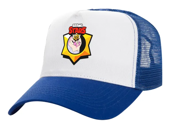 Brawl Stars Byron — Adult Structured Trucker Hat, with Mesh, WHITE/BLUE (100% COTTON, ADULT, UNISEX, ONE SIZE)