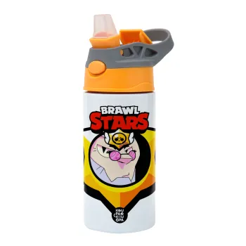 Brawl Stars Byron, Παιδικό παγούρι θερμό, ανοξείδωτο, με καλαμάκι ασφαλείας, Πορτοκαλί/Γκρι (360ml) BPA-FREE