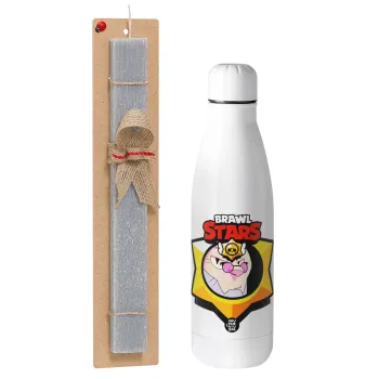 Brawl Stars Byron, Easter Set, metallic stainless thermos bottle (500ml) & scented flat Easter candle (30cm) (GRAY)