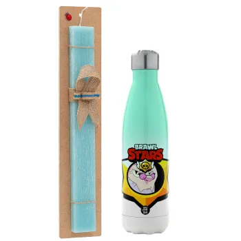 Brawl Stars Byron, Easter Set, Metallic green/white thermos (Stainless steel), double-walled, 500ml & scented flat Easter candle (30cm) (TURQUOISE)