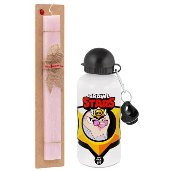 Brawl Stars Byron, Πασχαλινή Λαμπάδα με παγούρι μεταλλικό αλουμινίου (500ml) & κερί αρωματικό πλακέ (30cm) (ΡΟΖ)