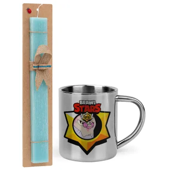 Brawl Stars Byron, Easter Set, metallic thermal cup (300ml) & aromatic flat Easter candle (30cm) (TURQUOISE)