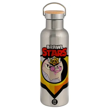Brawl Stars Byron, Μεταλλικό παγούρι θερμός (Stainless steel) Ασημένιο με ξύλινο καπακι (bamboo), διπλού τοιχώματος, 750ml