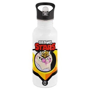 Brawl Stars Byron, White water bottle with straw, stainless steel 600ml