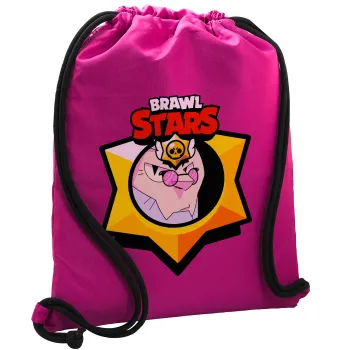 Brawl Stars Byron, Τσάντα πλάτης πουγκί GYMBAG Φούξια, με τσέπη (40x48cm) & χονδρά κορδόνια