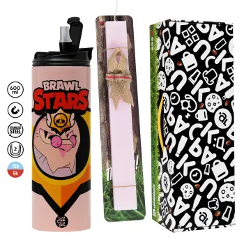 Brawl Stars Byron, Easter candle,Travel Tumbler 2 Lids, with metal straw & cleaning brush & aromatic flat candle (30cm) (PINK)